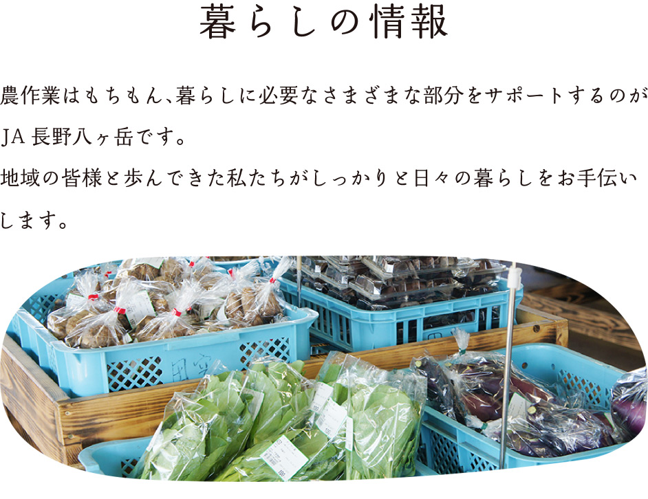 暮らしの情報：JA長野八ヶ岳は、八ヶ岳の東麓に広がる標高850m〜1,500mの地域にあります。ここで栽培される「太陽に一番近い野菜たち」は年間平均気温8℃前後の冷涼な内陸性気候の中で栽培され、「みずみずしさ」と「おいしさ」にあふれています。JA長野八ヶ岳はこの環境で栽培された「安全で新鮮な野菜」を皆さまの食卓へお届けしています。